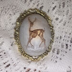 Deer Skeleton Cameo Brooch On Gold Tone Metal Frame 45x30 mm